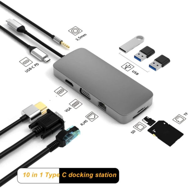 Bærbar dokkingstasjon, 10 i 1 USB C dokkingstasjon, multifunksjons dokkingstasjon, HD Multimedia Interface, USB3.0, USB2.0 X 2