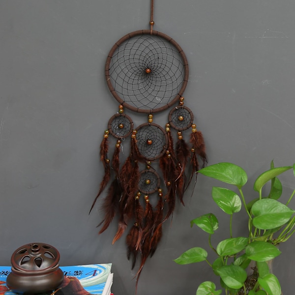 Mörka kaféfjädrar fångar drömfångare - diameter 16 cm, längd 60