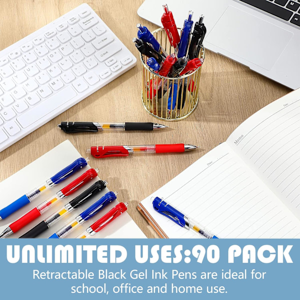 90-pack 0,5 mm Finspets Retraktila Gelbläckpennor (Röd, Svart, Blå)