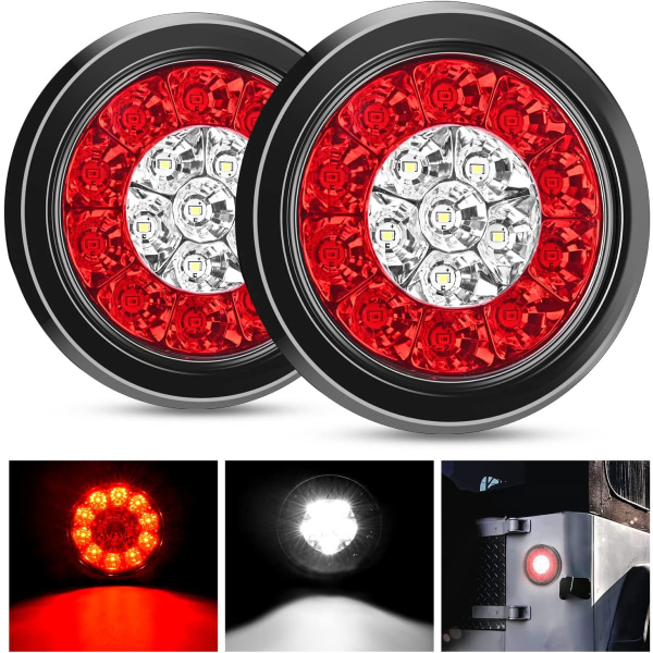 2 STK 4" runde røde hvite LED-baklys for tilhenger 16 LED-er m/Flush M