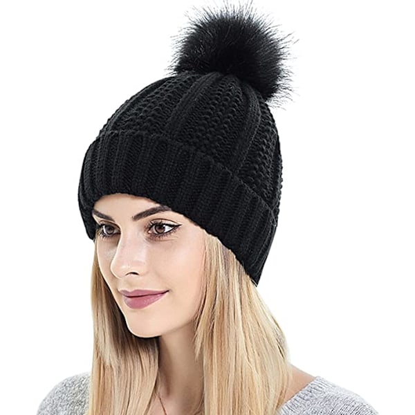 Dame Satinforet Vinterhue Med Kunstig Pels Pom Cuffed Wa