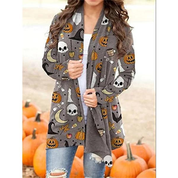 Halloween-katt-pumpa-kofta för kvinnor, långärmad, öppen framtill