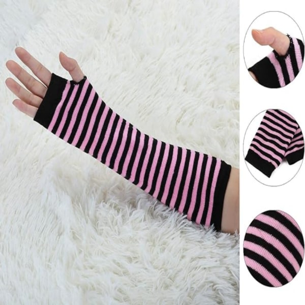 Vinterhansker for kvinner - Rosa striper, varme lange hansker med finne
