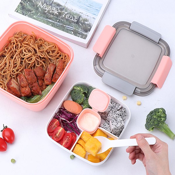 (Rosa) Salatbeholder lunsjboks Bento-boks for voksne barn med 3