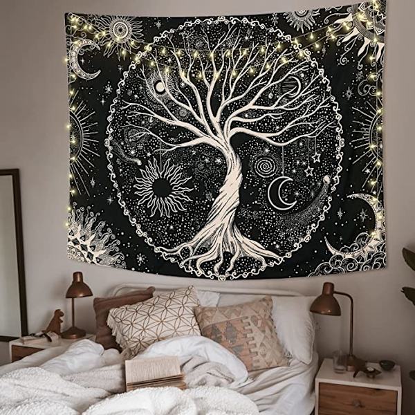 Elämänpuun seinävaate Kuu ja Aurinko (150x200cm) Musta Psykedeelinen