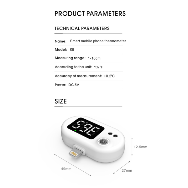 Mobiltelefon USB Smart Termometer Bao k8 Berøringsfri Infrarød Th