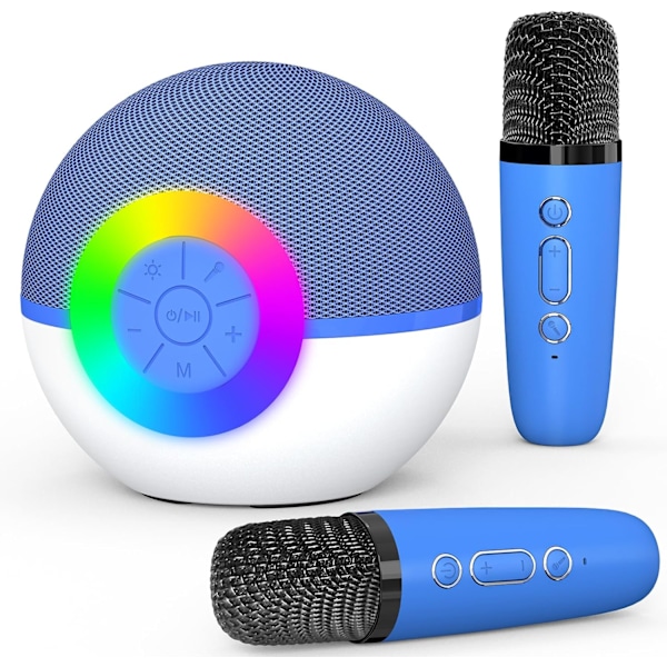 Mini Karaoke Maskin för Barn och Vuxna, Bärbar Bluetooth-högtalare med 2 Trådlösa Mikrofoner (Blå)