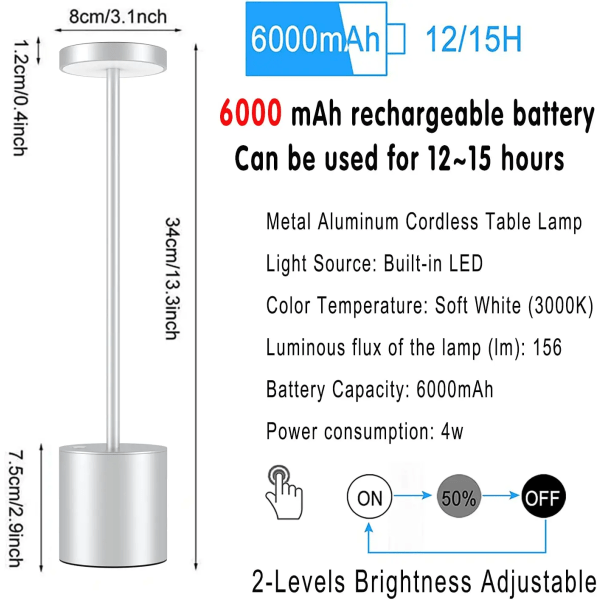 Genopladelig trådløs bordlampe, 6000 mAh udendørs bærbar batter