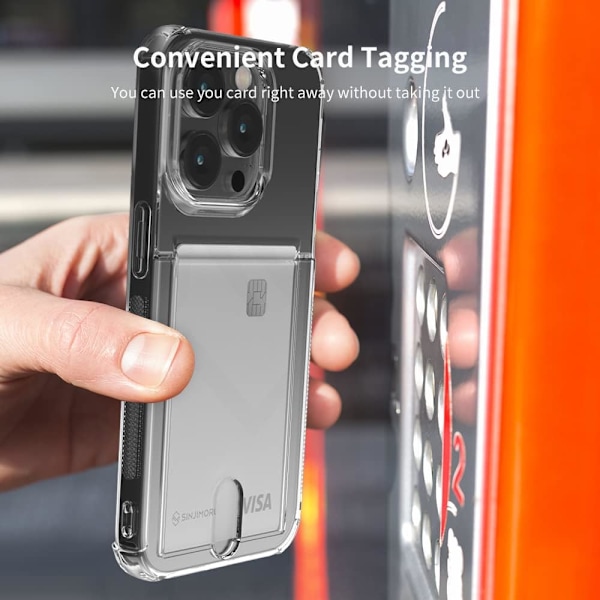 Transparent, brudsikkert telefoncover med kortlommer, ultratyndt wallet cover til iPhone 15 Pro, kan bruges som kreditkort