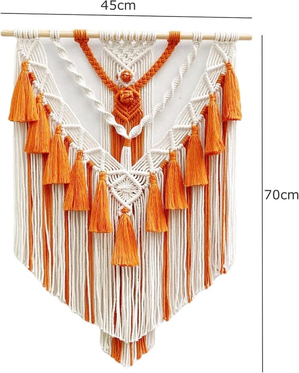 Boho Makramé Väggbonad & Väggdekor, Handgjord Gobeläng i Bomull med Tofs (Orange)