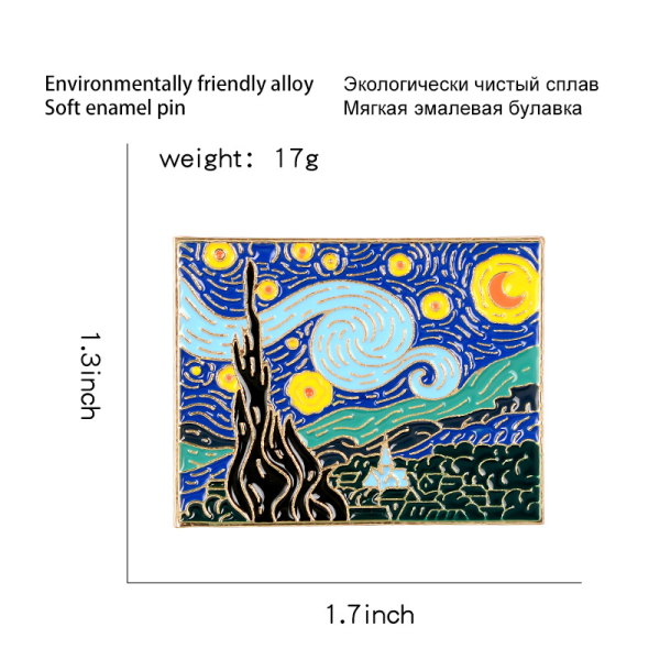 2 stk Van Gogh Starry Night Maleri Emalje reversnål, Multi, 1,75