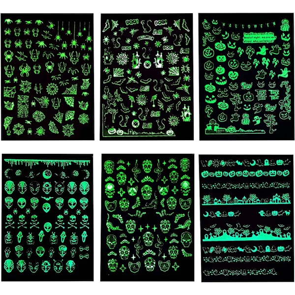 6 Lysende Svarte og Hvite Halloween Neglekunst Klistremerker, Gløder i Mørket