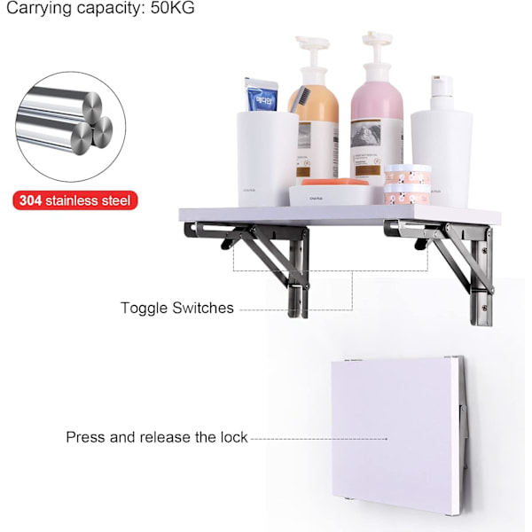 2 stk sammenleggbar brakett 250mm, veggbrakett, hyllebrakett, maksimal belastning 50 kg (uten treplate), rustfritt stål