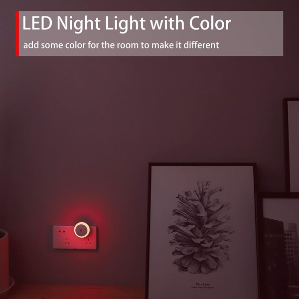 Rødt nattlys, LED nattlys med plugg, rundt, lyssensor,