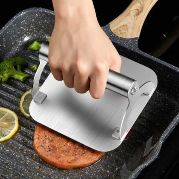 Rustfritt stål - Hamburgerpresse for grill og komfyr sølv