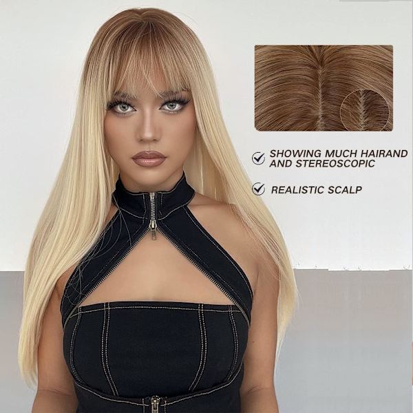 26 tommers lys blond parykk med lugg for kvinner syntetisk naturlig