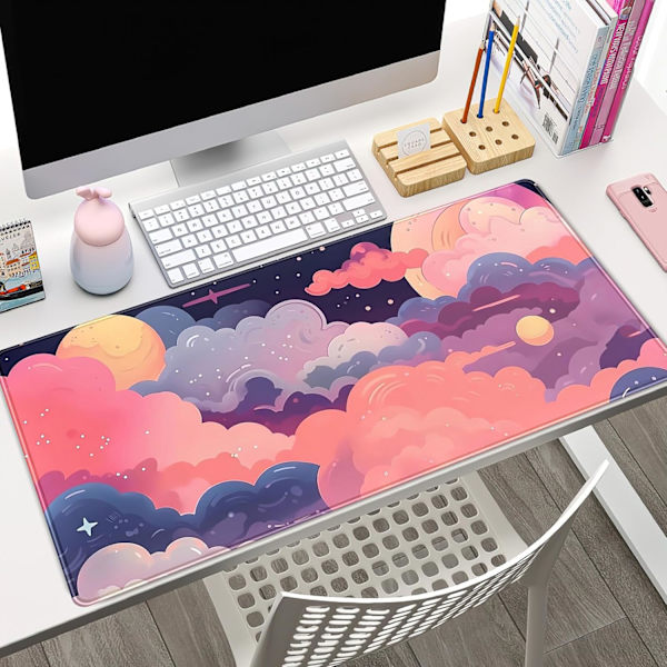 Søt skrivebordsmatte Kawaii skyer rosa lilla skrivebordsunderlag Anime musematte 31,5''X 15,7'' Stor full skrivebordsspillmusematte bærbar C