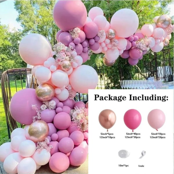 Ballongbue Girlandersett, Rosa og Roserød Latex Partyballonger