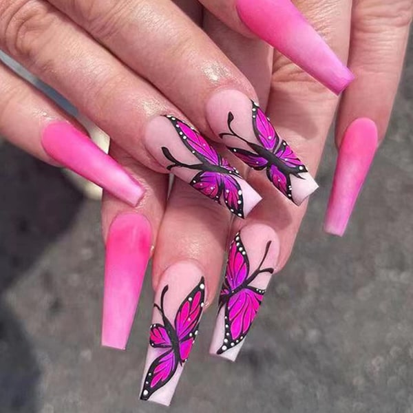 Press-on naglar långa rosa falska naglar, butterfly design stick på w