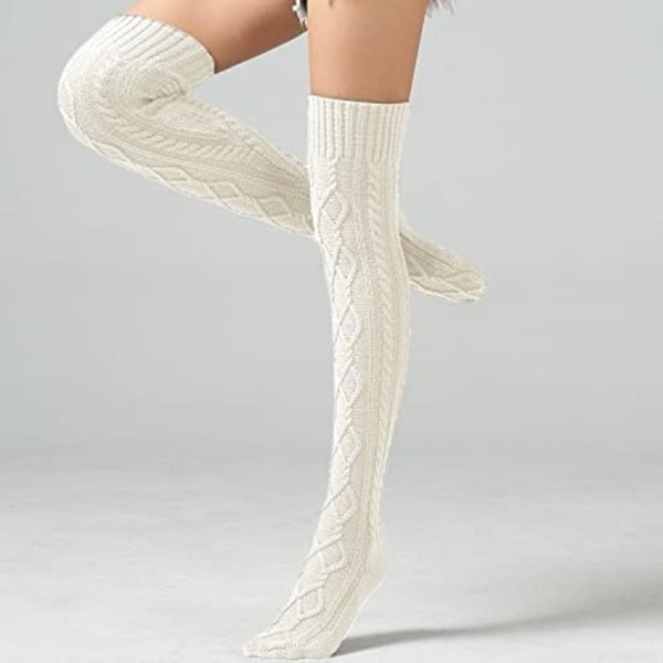 Lange strikkede sokker for kvinner - hvite, varme vinterlårhøye sokker,