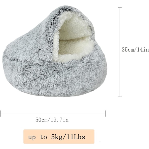 1 stk (grå, 50 cm) hule seng for hunder og katter, anti-stress liten hund seng for katter, innendørs utendørs katt kjøling kurv, kunstig pels plysj sklisikker hund seng for kattunger