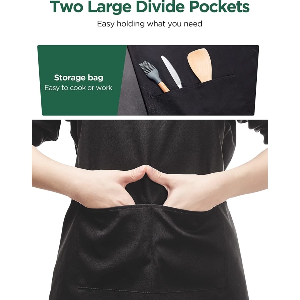(Sort polyester) 2 pakker kjøkkenforkle med 2 justerbare lommer