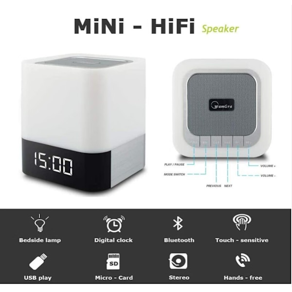 Kannettava Bluetooth-kaiutin LED-yöpöytälamppu kosketusohjauksella, T