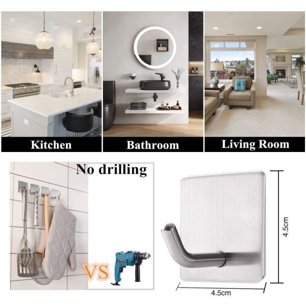 Klistremerke krok 4 stykker rustfritt stål veggkrok uten boring