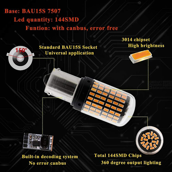 2 kpl Amber 7507 Led-polttimo Ei Hyper Flash 1156 BAU15S PY21W Tu