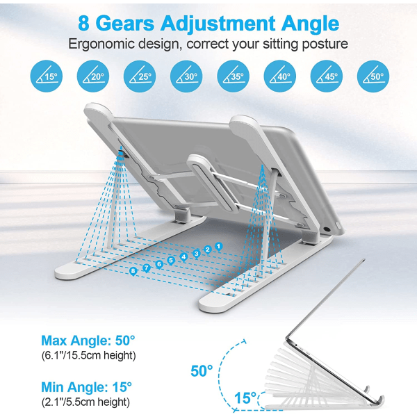 Hvid bærbar computerstand, 8-trins justerbar bærbar computerstand, skridsikker pla