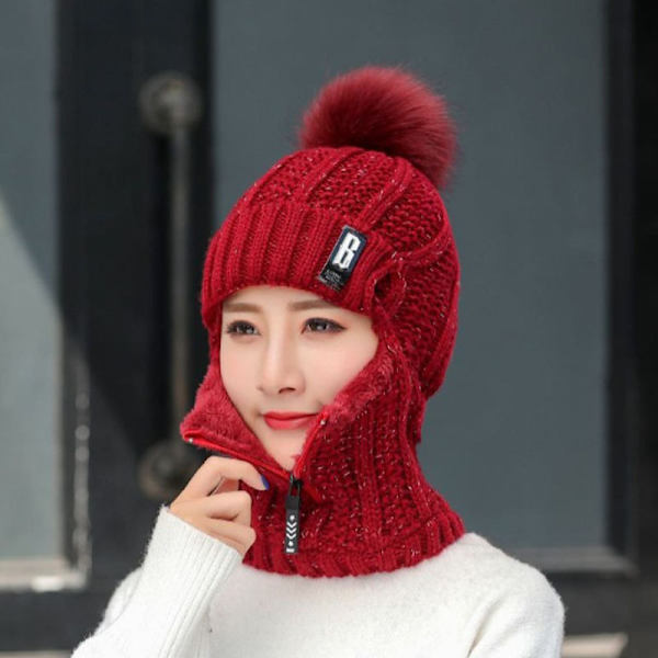 1 topp ull stickad hatt skidhatt set vindtät vinter utomhus wine red