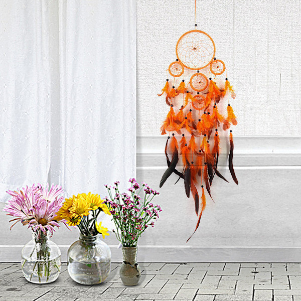 Orange Fjer Fiskenet - Diameter 16cm, Længde 60cm, Håndlavet