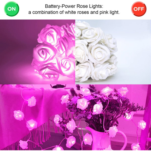 20ft 40 LED Rose Lights, Rosa Lyslenke Batteridrevet