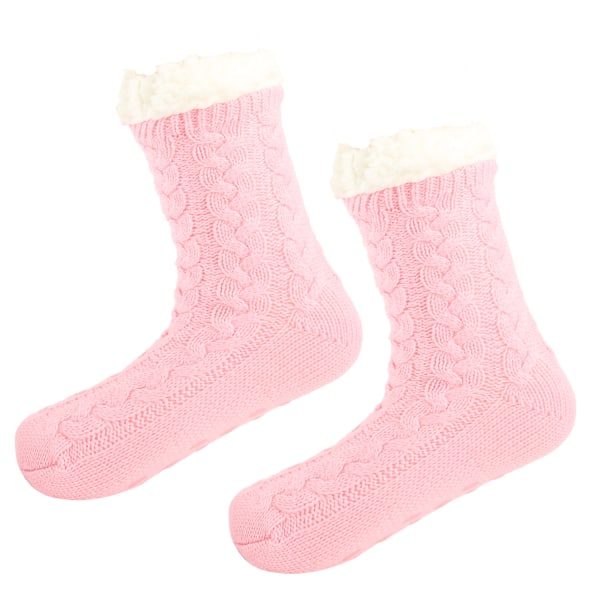1 par (lyserøde) kvinders vinterstrikkede sokker, blød fleeceforet Plus