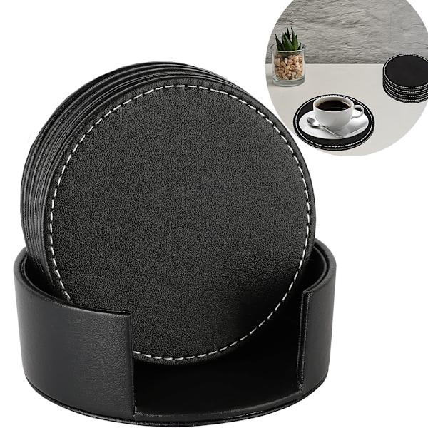 Læder coasters til glas med holder – Design coasters med holder, sæt med 5, sort, coasters