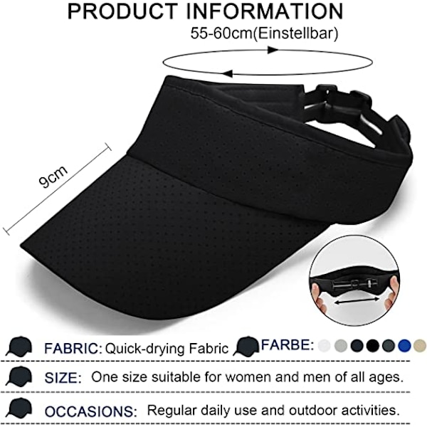 Solskärm Herr Dam - Golf Tennis Solskärm Justerbar Sport Solskärm Mycket Tunn Snabbtorkande Solskärm Unisex Kep Keps för Golf Tennis Löpning Cykling Svart
