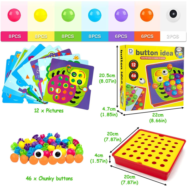 Mosaiklegetøj - 12 kort og 46 knapper (insekt)，Børnemosaik P