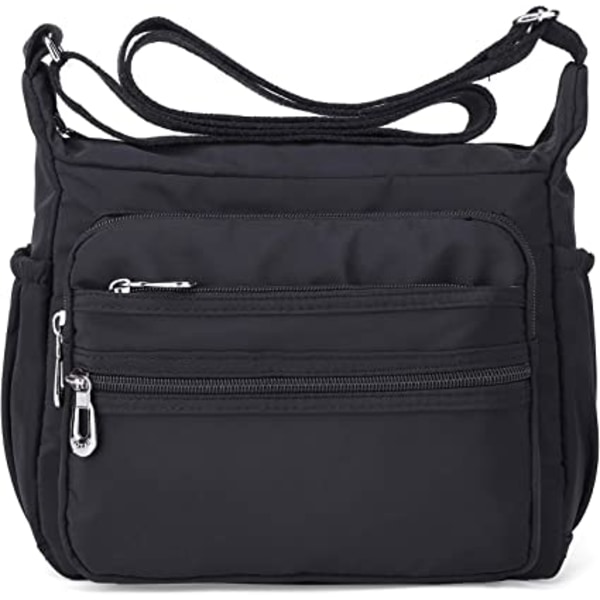 (S, Svart) Nylon Messenger Bag för kvinnor Vattentät Multi-Pocket Me
