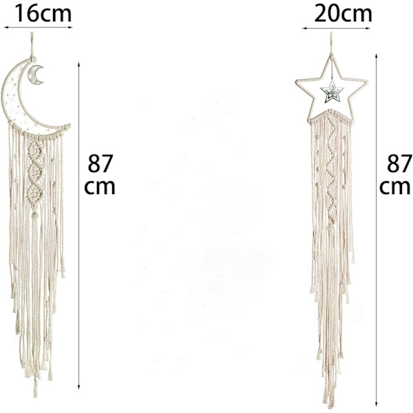 Hvid - Sæt med 2 Boho-stil blonde vægdekoration sol måne stjerner Boho