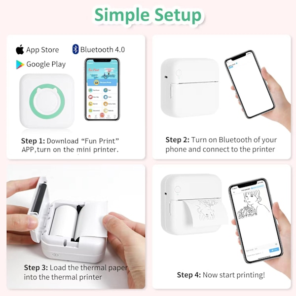 Mini termisk skriver, bærbar blekkfri Bluetooth-skriver med 5