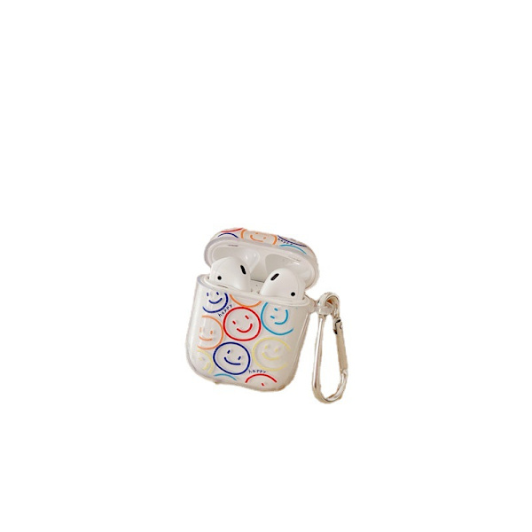 Sød gennemsigtig Airpod 2/1 etui med nøglering, tegneserie Smiley P