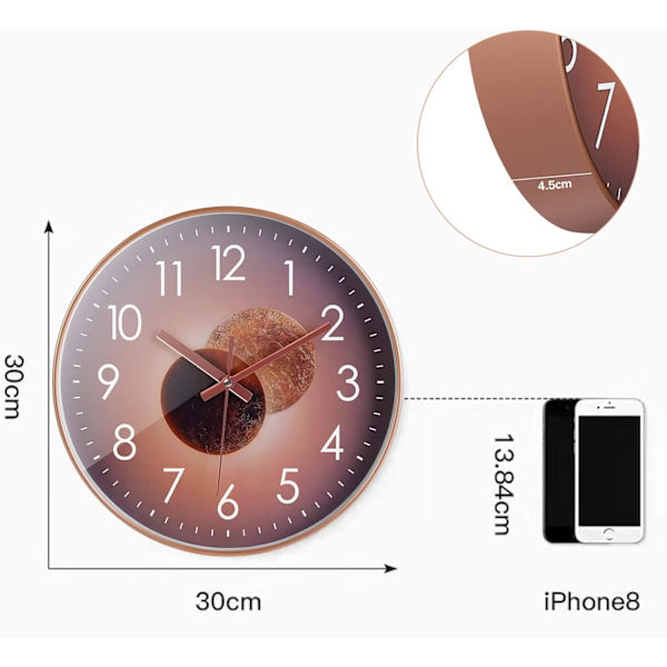 30cm - Rose Gold Tyst Modern Design Väggklocka, Tyst Mute Väggklocka Väggpendel för Sovrum Kök Vardagsrum, Digital Väggklocka för Kontor och Cafeteria