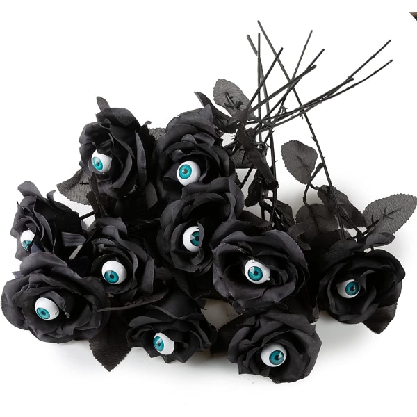 10 Pack Black Artificial Silk Roses Flowers with Eyeballs Fake S