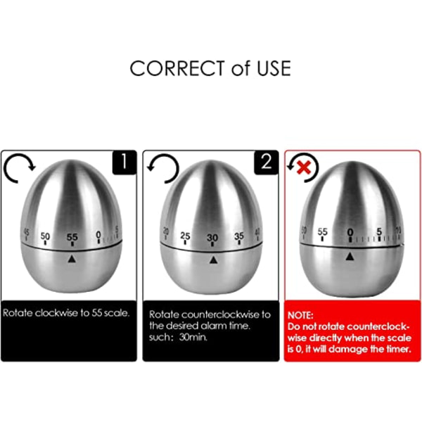 Egg Kjøkken Timer Rustfritt Stål Mekanisk Rotasjonsalarm 60 Min