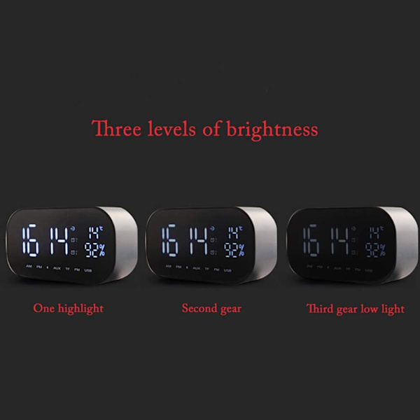 Svart Digital Spegelväckarklocka med Bluetooth-högtalare, Ljusstark