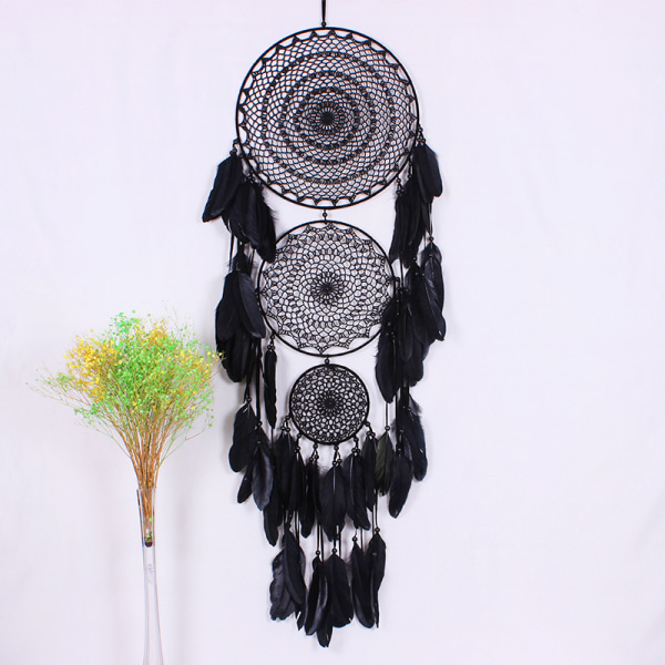 Black-Large Dream Catcher with 3 Circles, White Feather Macrame