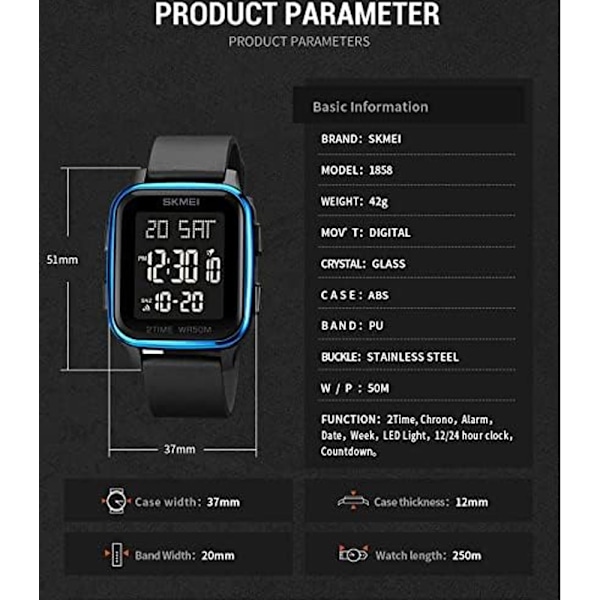 Afslappet Digital Multifunktionelt Armbåndsur med Nedtællingstimer og LED-lys 50M Vandafvisende (Blue)