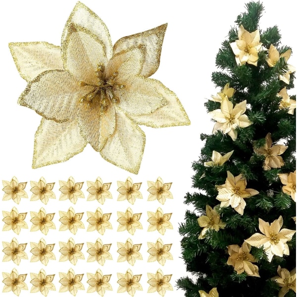 24 Pieces Christmas Glitter Poinsettia Flowers, Artificial C