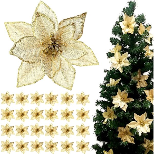 24 stk. Juleglitter Poinsettia Blomster, Kunstige C