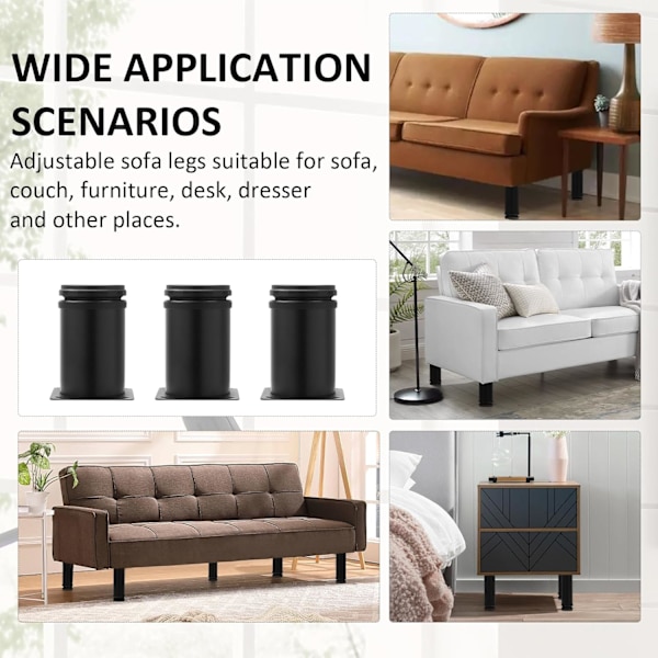 Sæt med 4 Justerbare Møbelben Sort, Ø 50 mm / Højde 120 mm Rustfrit Stål Metal Sofa Ben, Kaffebord Ben til